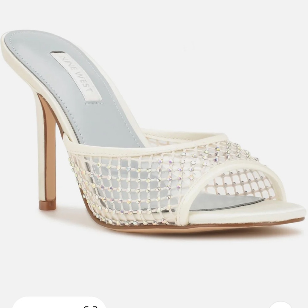 Nine West white satin slide heels